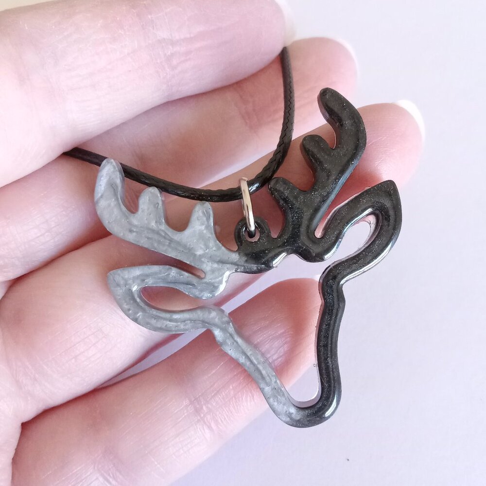 Black and silver deer pendant on 20" black cord necklace new resin